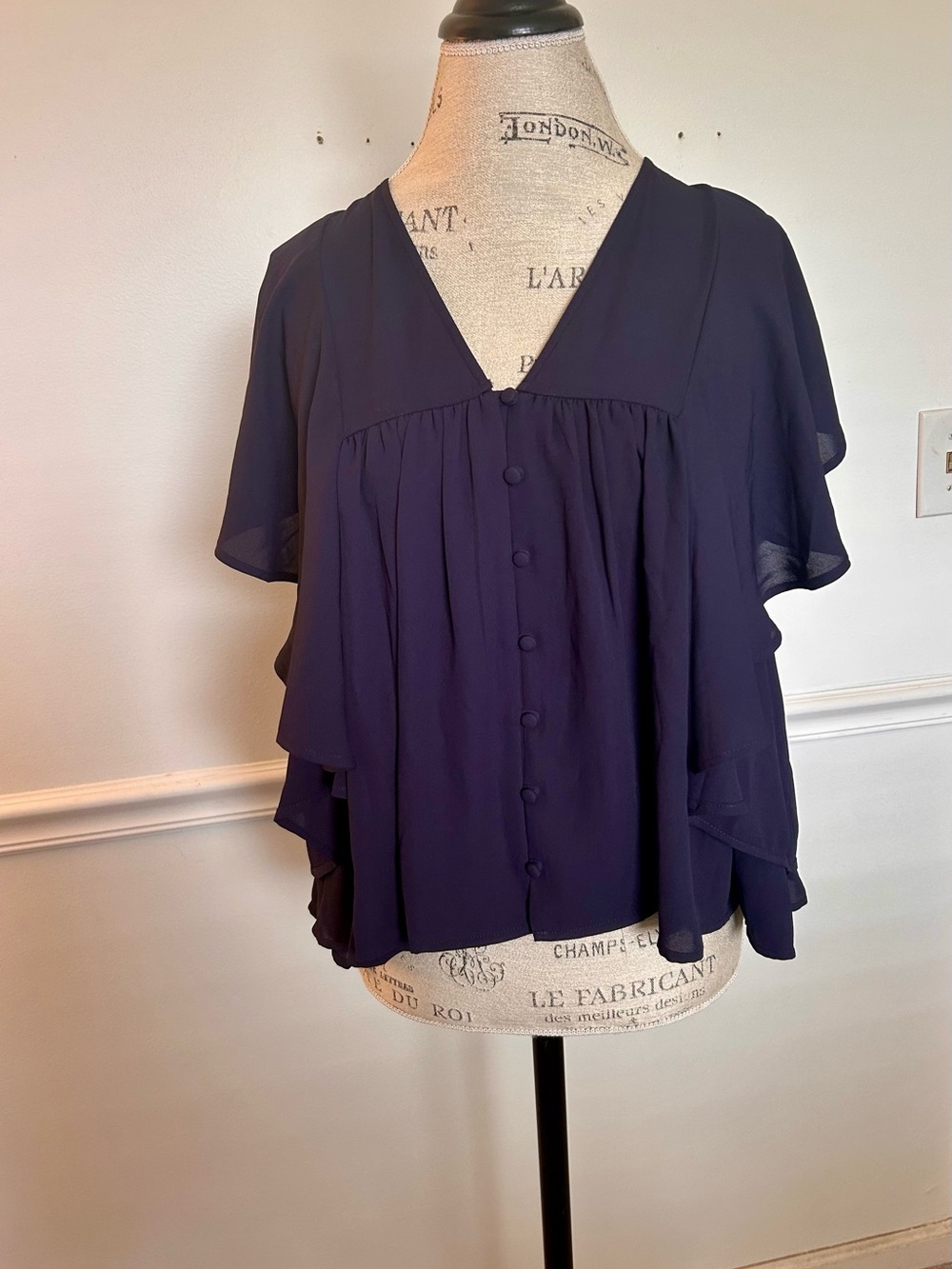 NWT Express Dark Navy V-Neck Layered Flutter Sleeve Blouse